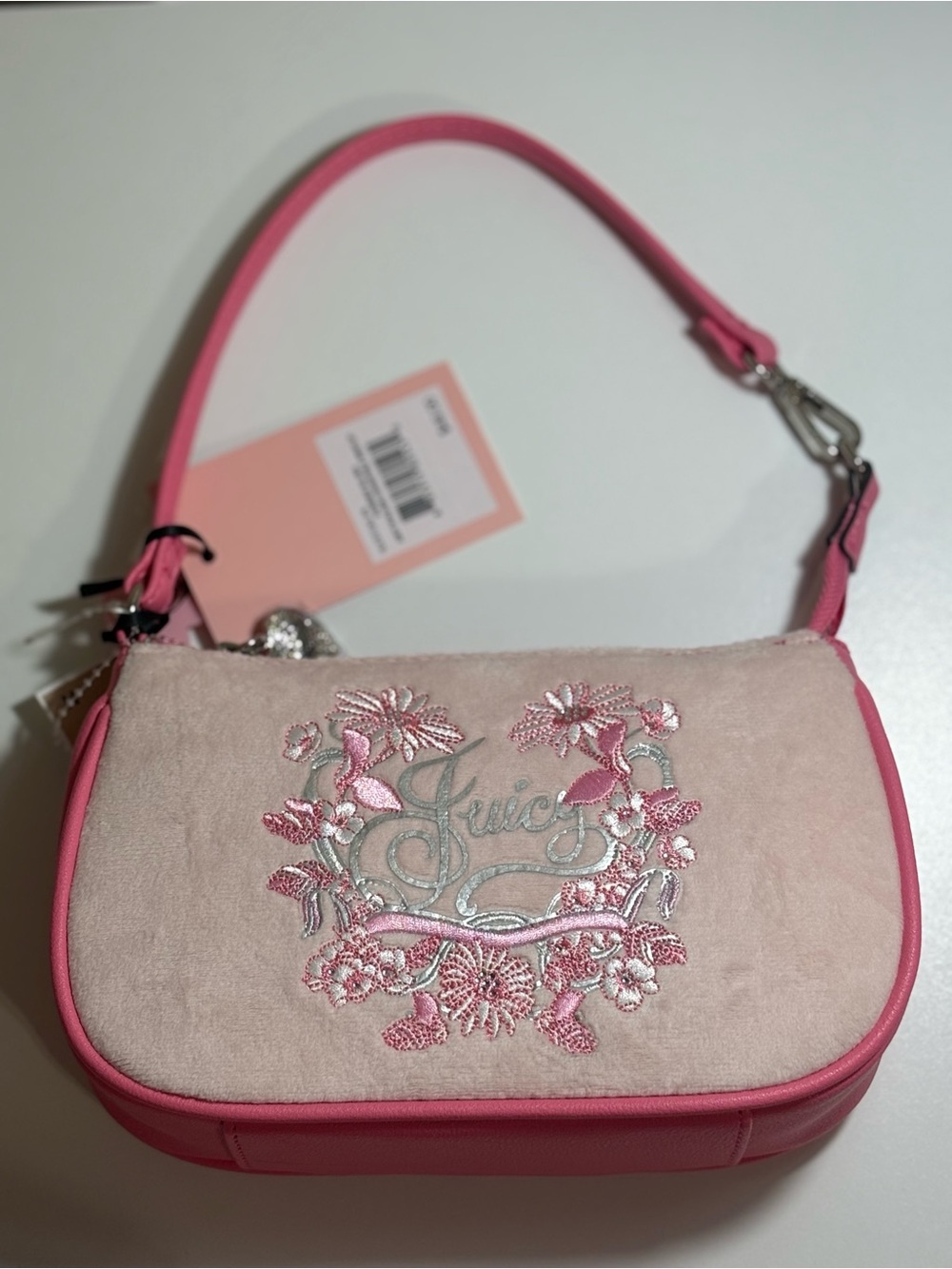 Juicy Couture Pink Suede Mini Shoulder Bag with Embroidered Crest